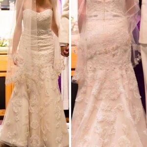 Oleg Cassini Bridal Gown Strapless Trumpet Train Lace Floral Beaded Size 00